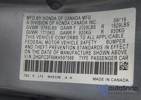 2019 Honda Civic Lx z USA, uszkodzony, nr VIN 2HGFC2F66KH597566